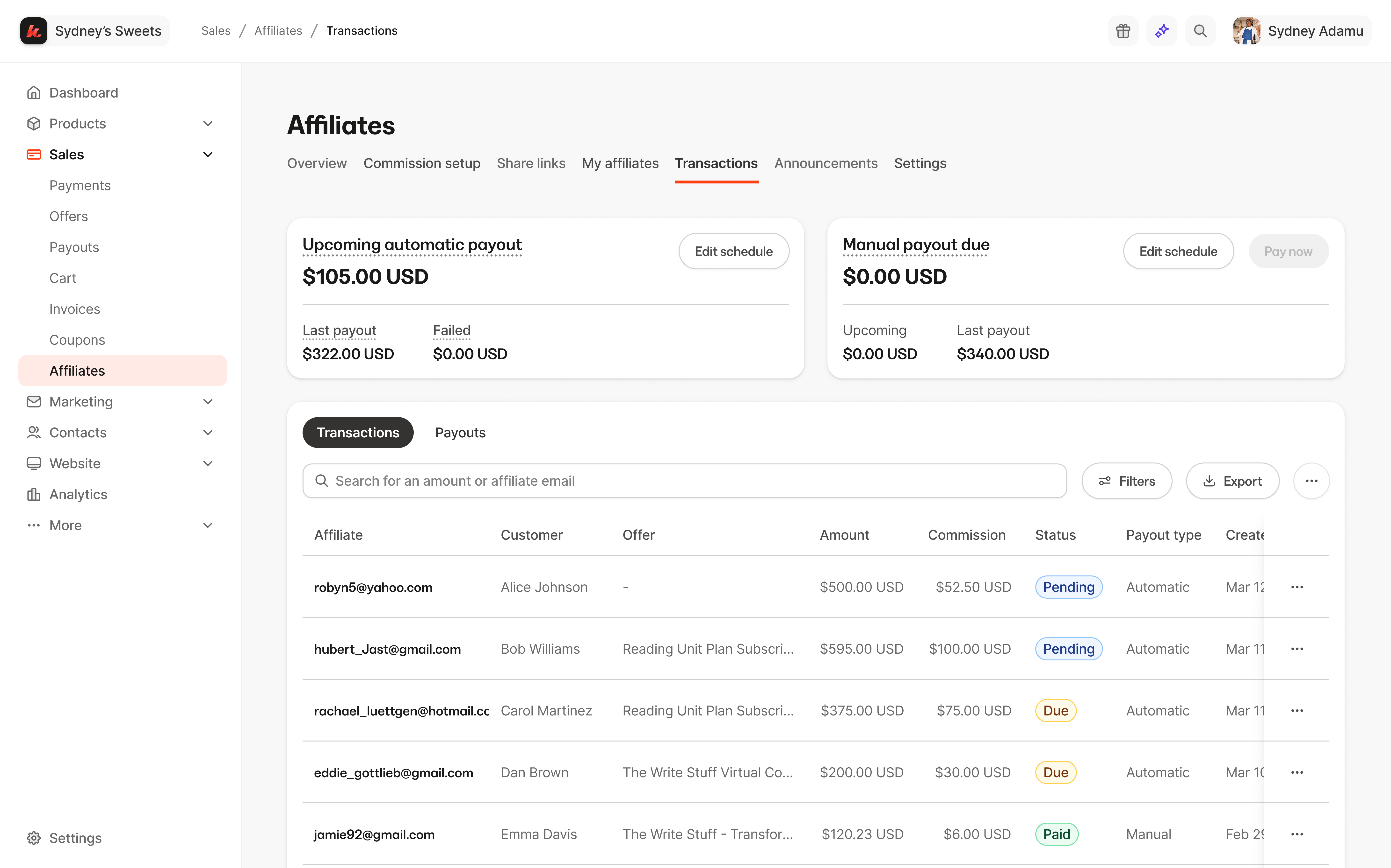 Transactions dashboard with Automatic and Manual payout entry points