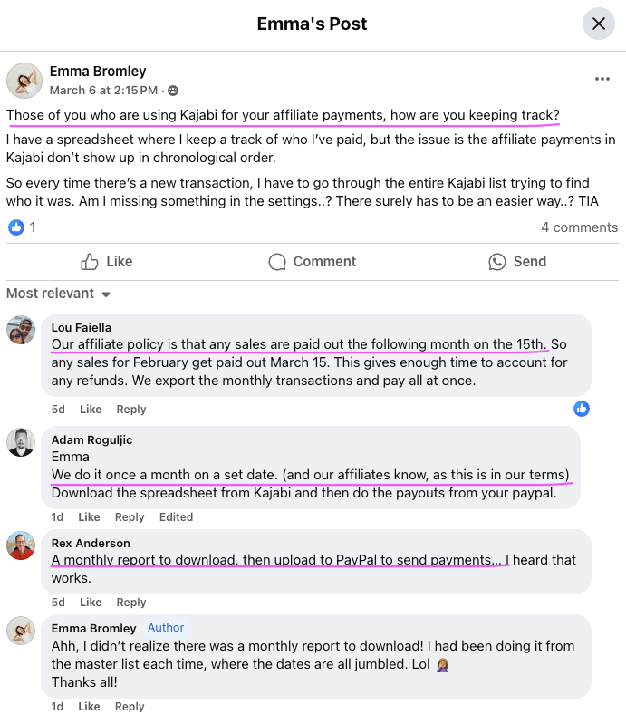 Customer post about paying affiliates on a set date