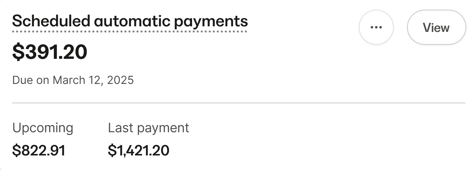 Scheduled automatic payments card
