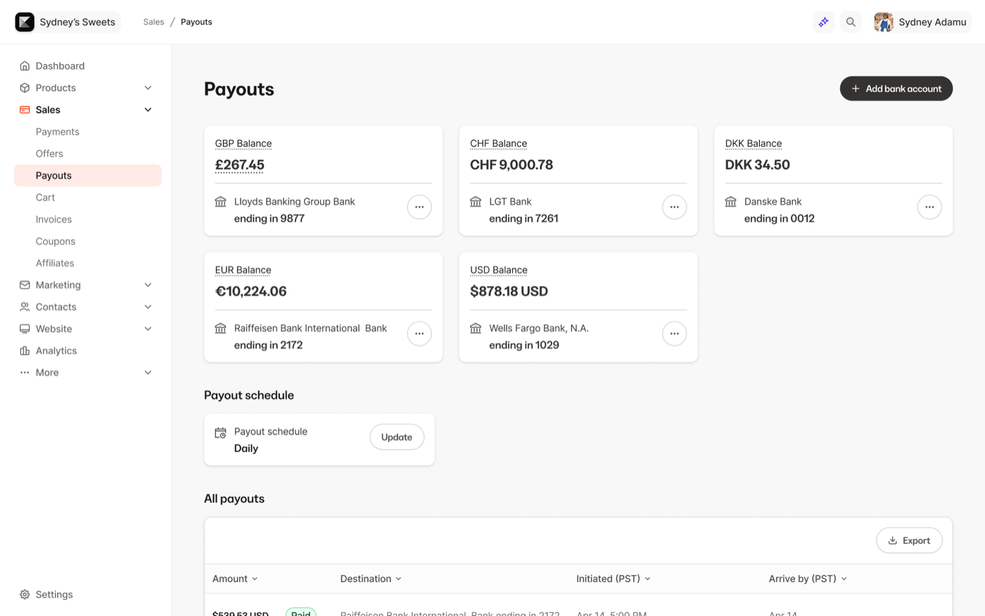 Multiple bank accounts on Payouts