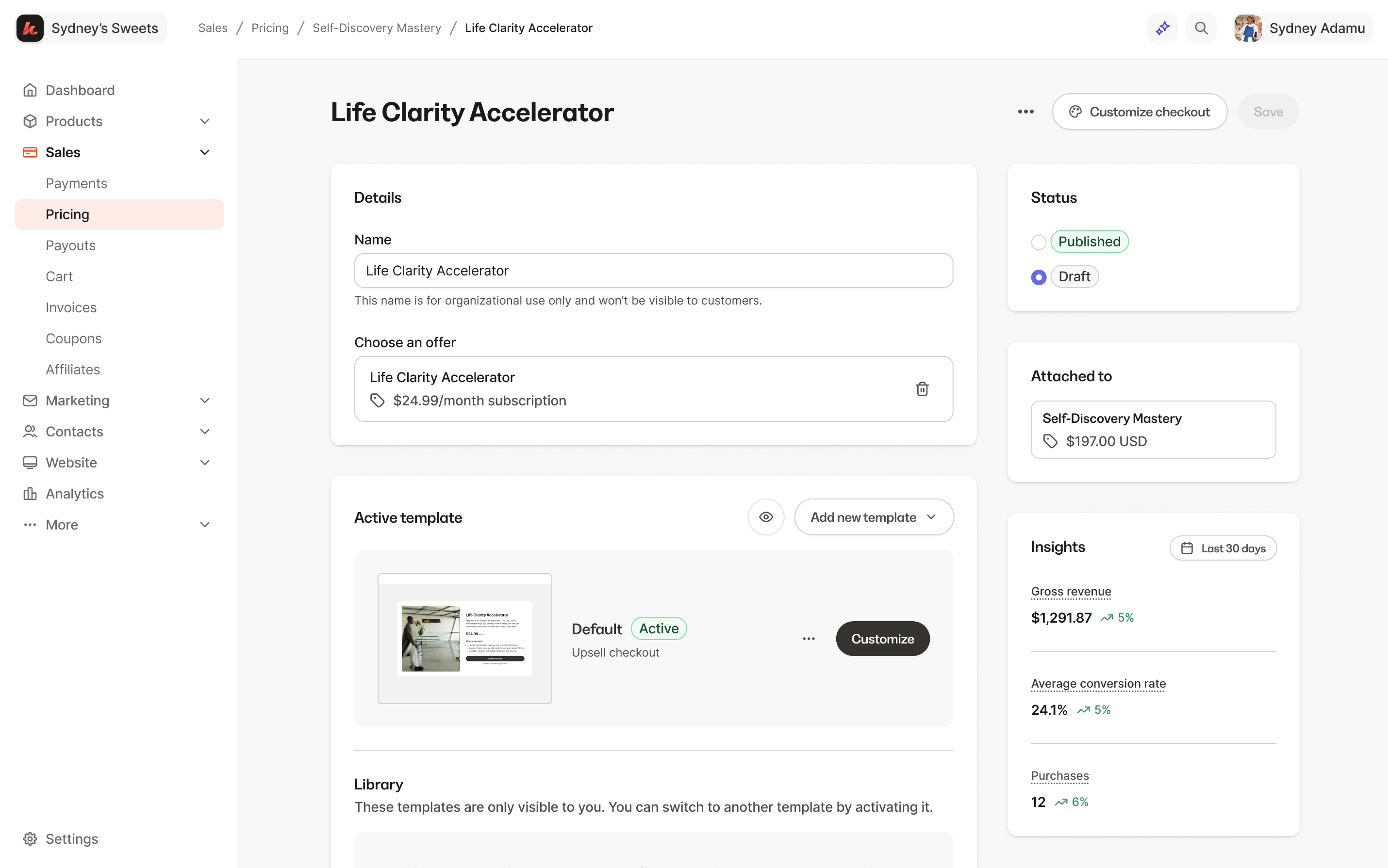 Individual upsell page with purchases, conversion rate, and revenue