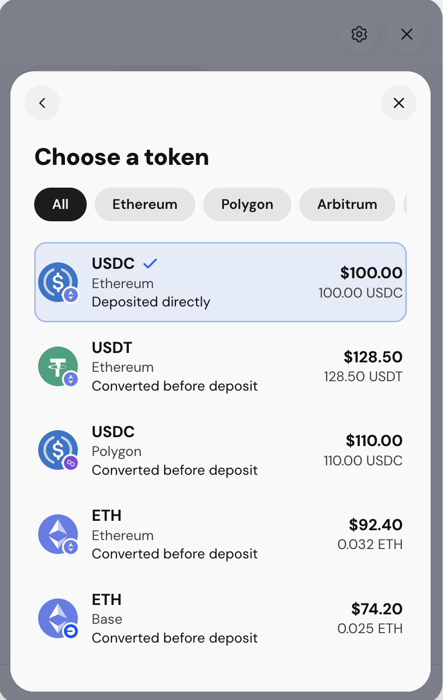 Old choose a token screen across tokens and networks